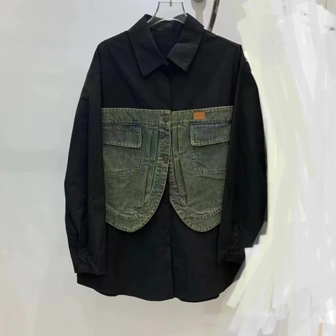 欧货个性休闲牛仔拼接衬衣衬衫（牛仔会掉色介意慎拍）