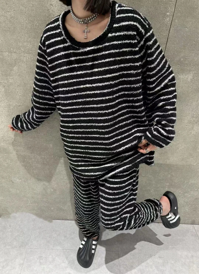 韩版休闲条纹睡衣套装宽松可外穿家居服长袖春秋款