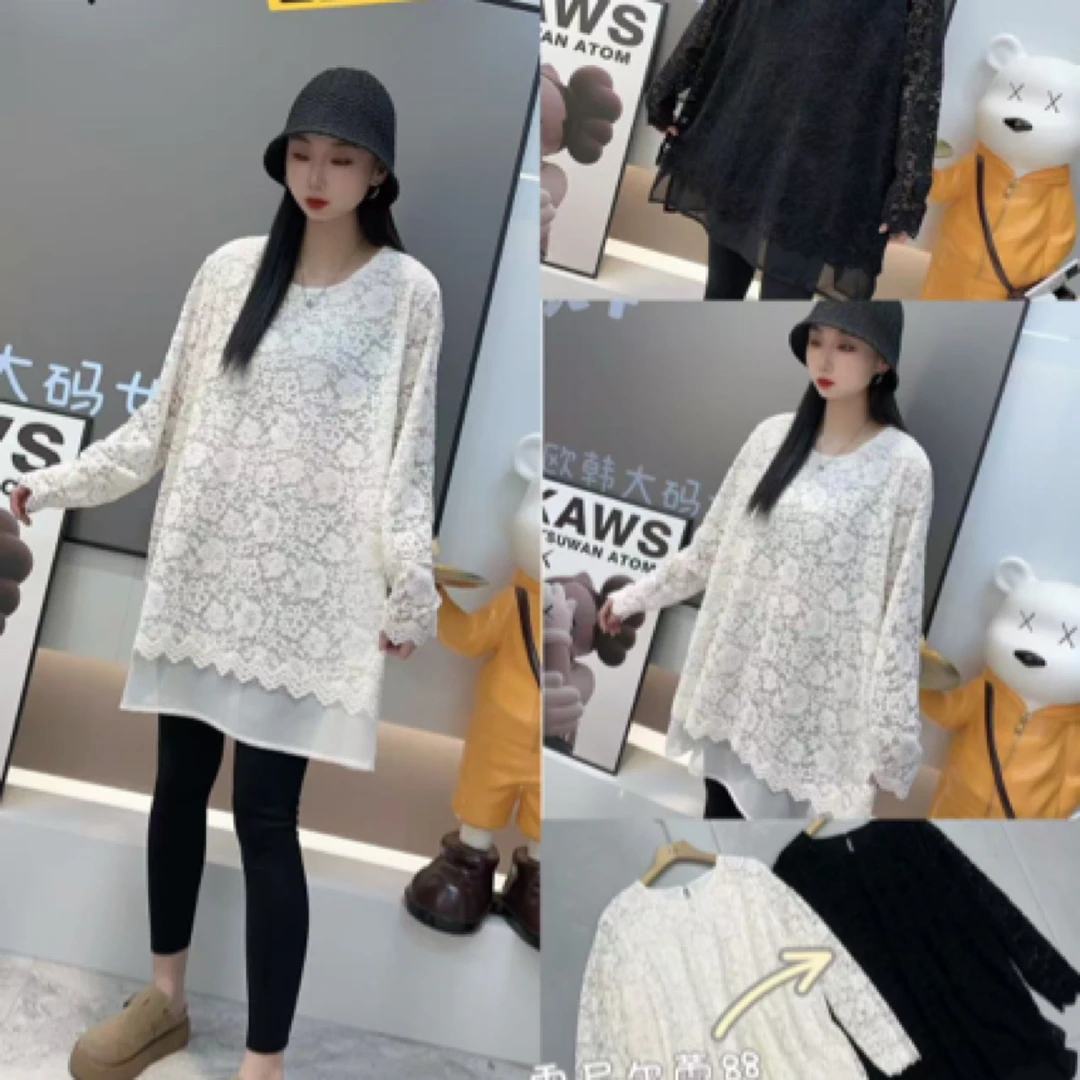 欧货时尚气质宽松显瘦中长款长袖圆领蕾丝衫女装