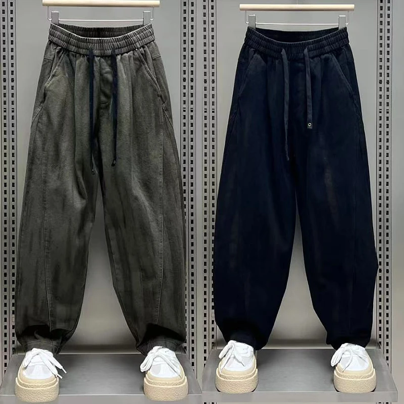 阔腿男裤牛仔裤2024新款晕染条纹休闲哈伦裤高街痞帅直筒复古卫裤