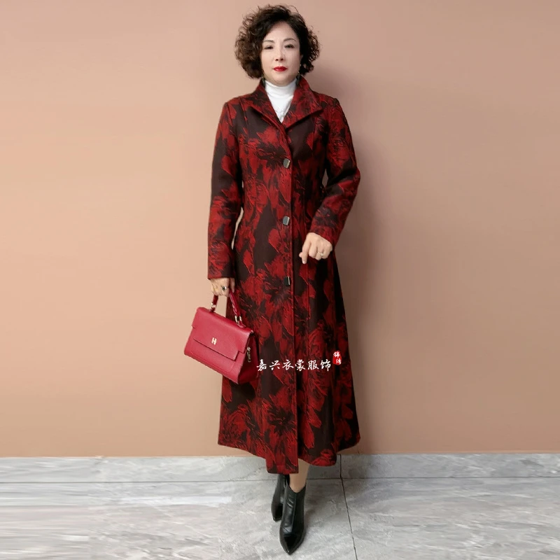 加肥加大码女装风衣外套秋冬新款轻奢羊绒提花大衣中长款立领外披