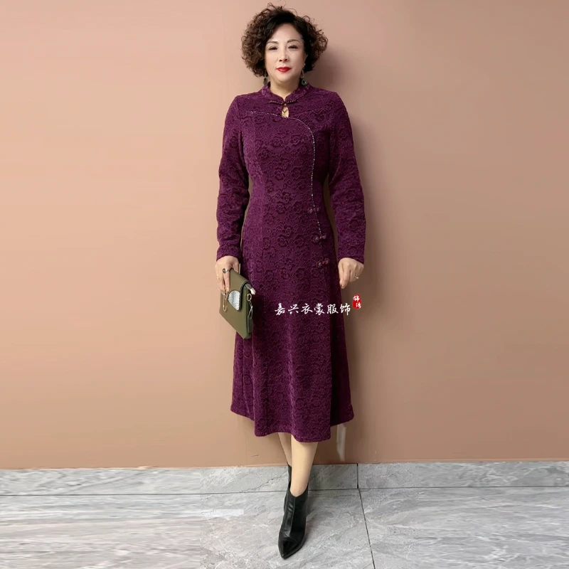 新中式旗袍裙雪尼尔加绒保暖连衣裙秋冬新款高档阔太太洋气长裙子