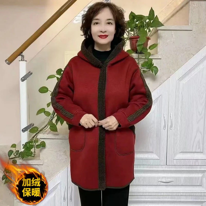 双面穿连帽大衣秋冬新款加厚保暖羊羔毛时尚洋气外套女中长款外披