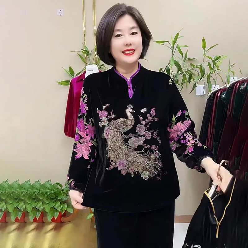 定位镶钻丝绒上衣阔太太宽松遮肚显瘦高档T恤衫时尚洋气打底衫女