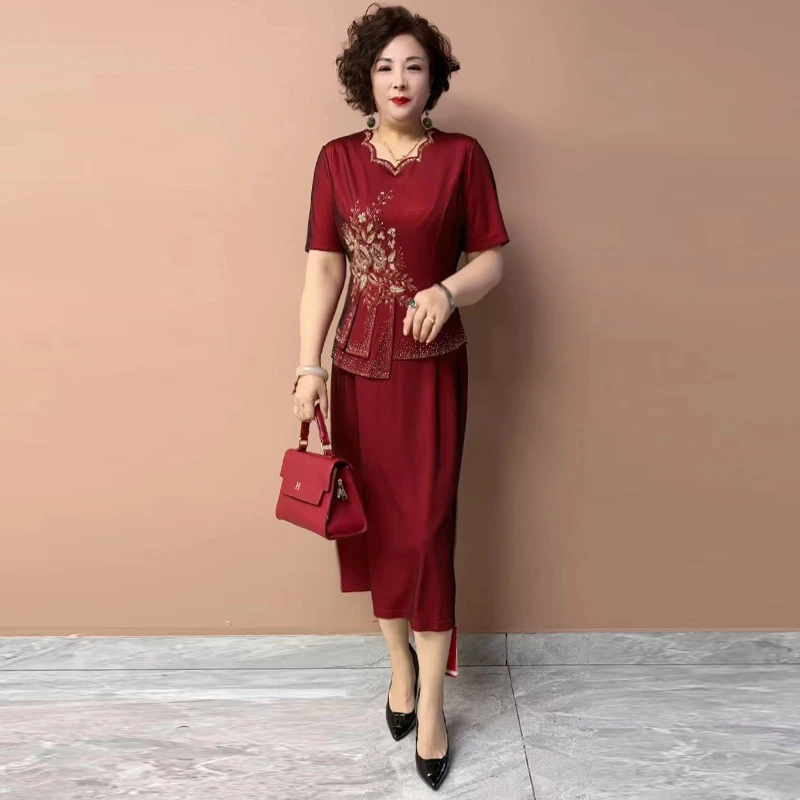 高端夏季气质妈妈婚宴礼服结婚喜服短袖中老年喜婆婆假两件连衣裙