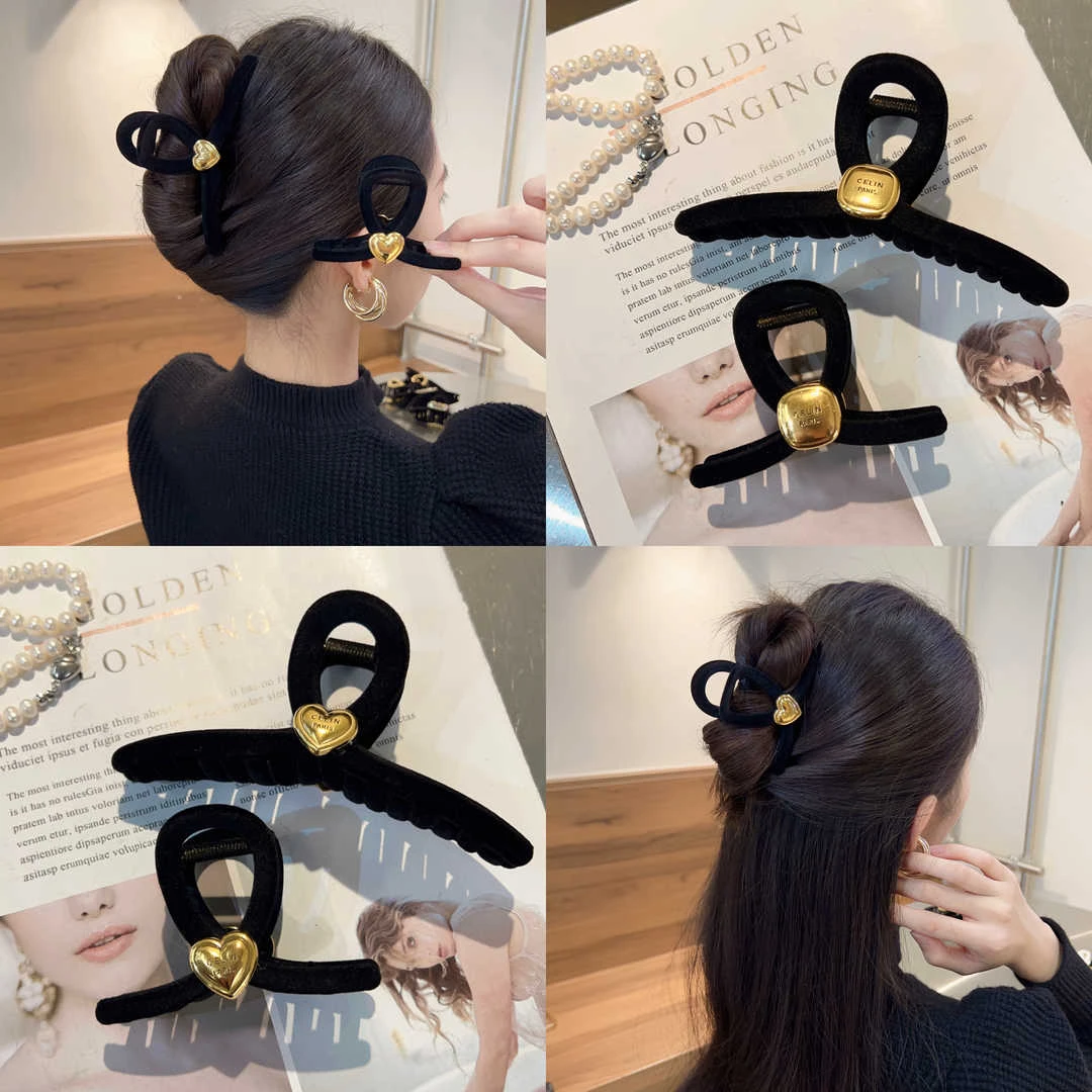 五金女孩金色爱心扣黑色植绒发夹后脑勺抓夹高级感秋冬鲨鱼夹头饰