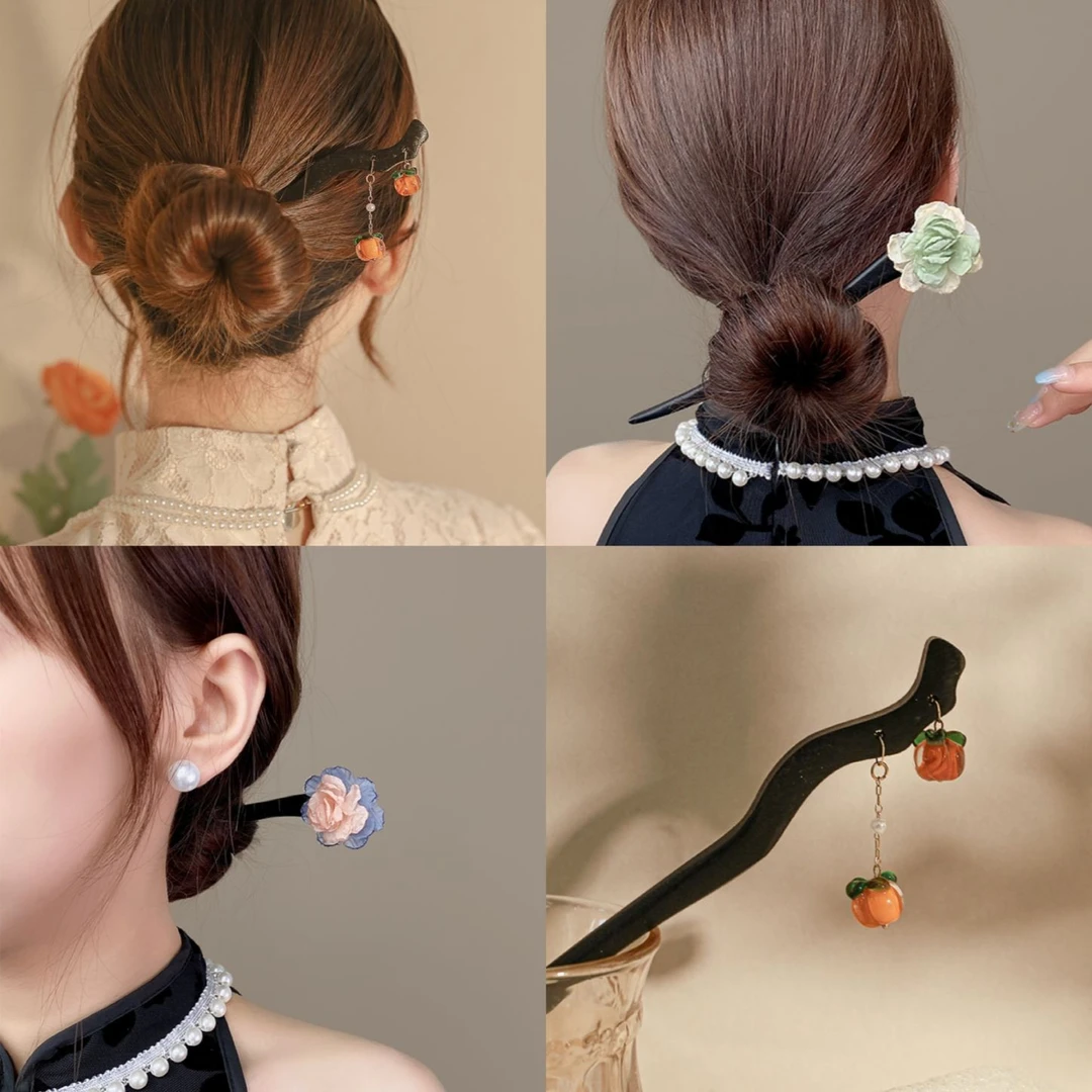 非金属木质发饰 古风气质柿柿如意木质发簪百搭盘发簪花苞头发饰