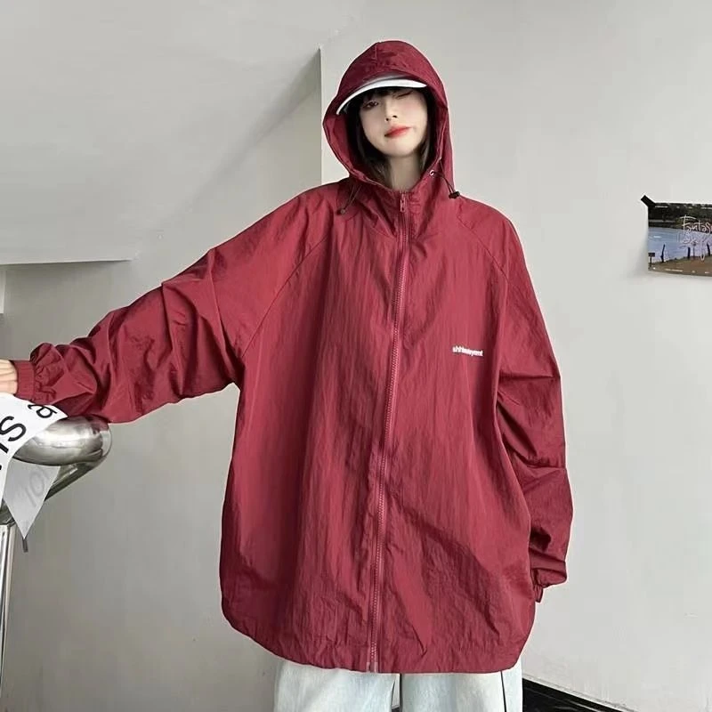 美式酒红色防晒衣服女夏超薄外套棒球服情侣防晒衣女外穿oversize