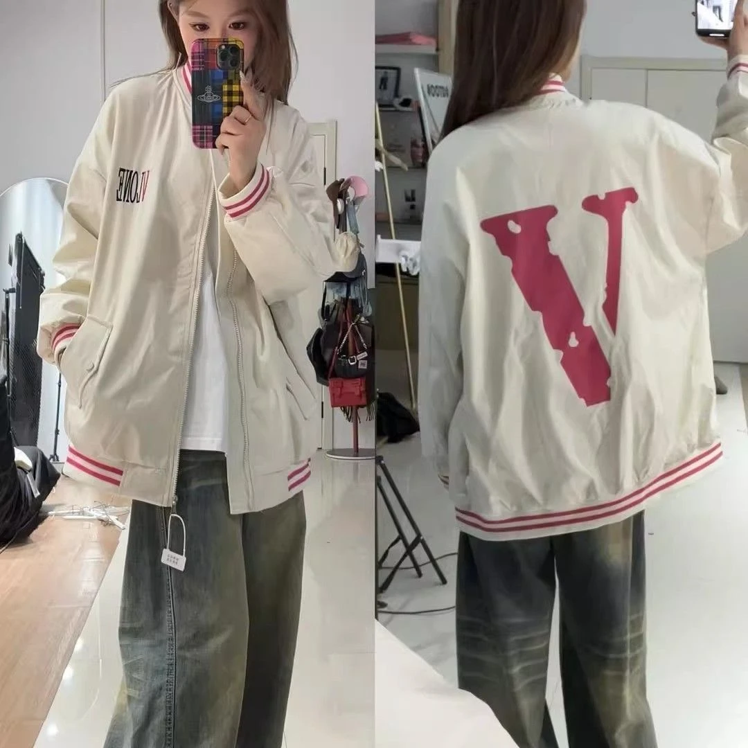 2025早秋新款美式拼接纯色字母印花棒球服女宽松休闲长袖外套女