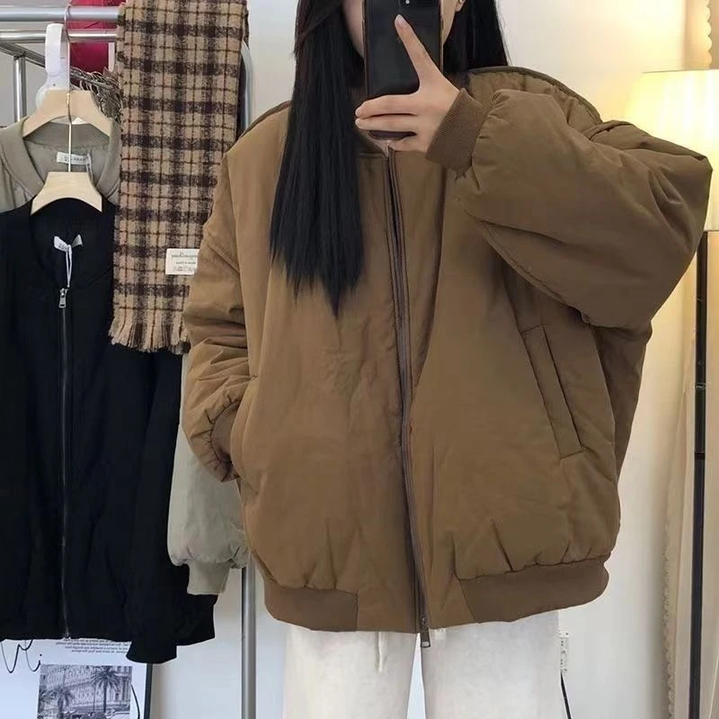 国潮2025冬季新款宽松显瘦百搭纯色简约棒球服棉服慵懒风拉链外套