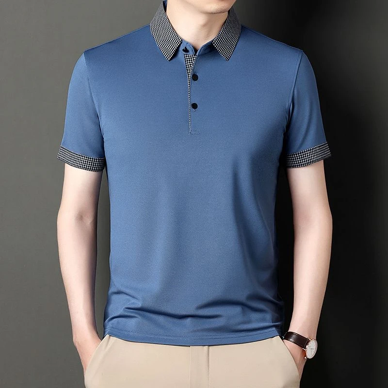 2023夏季高档短袖polo衫格子翻领拼色潮流男商务透气垂感宽松t恤