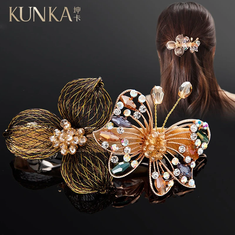 kunka/坤卡金属铜丝蝴蝶夹弹夹顶夹韩版水晶串珠优雅妈妈