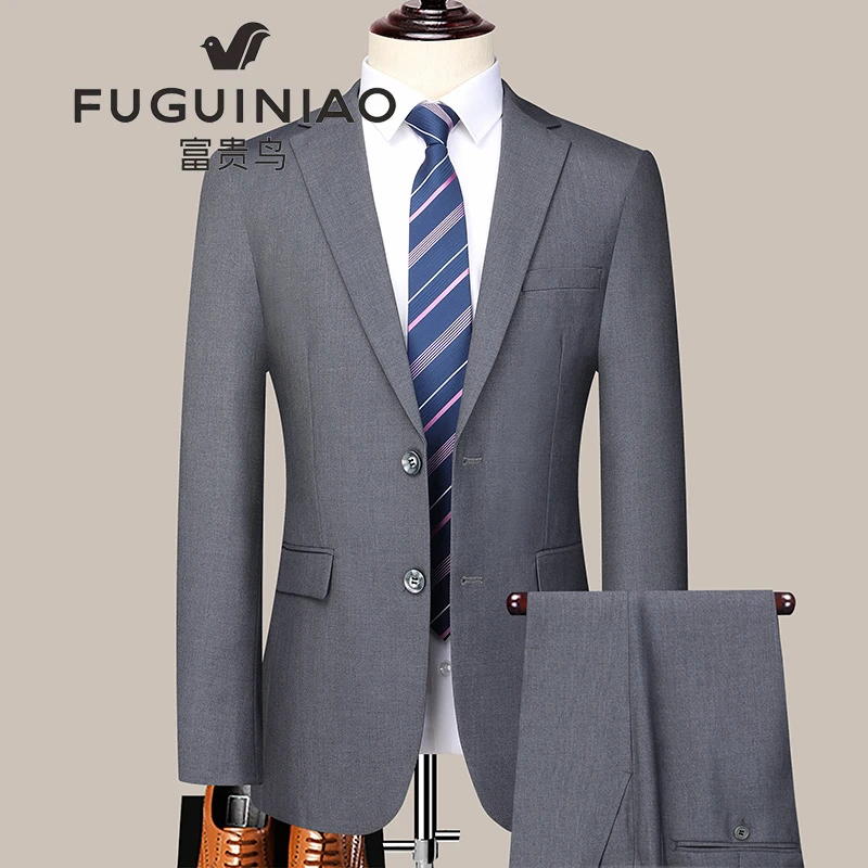 FUGUINIAO/富贵鸟男士商务西服套装修身青年职业休闲礼服西装一套