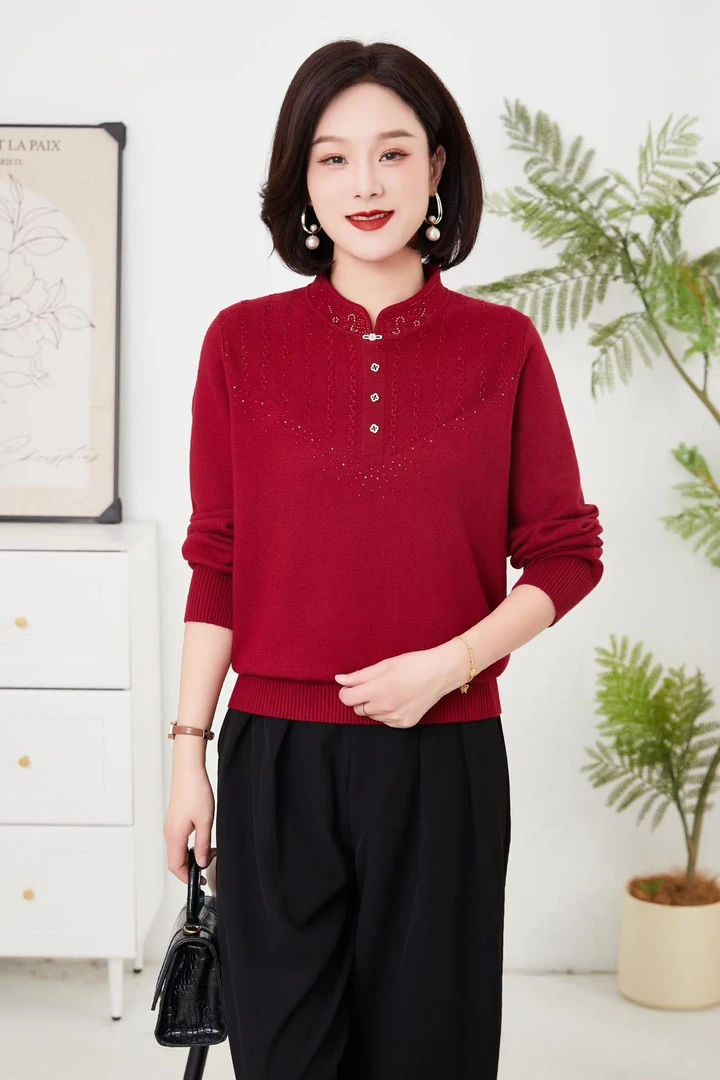 半高旗袍领气质百搭串珠设计妈妈装毛衣毛衫新旗袍