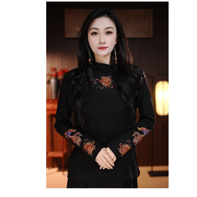 [锦玫]小鱼高领气质半高领加绒加厚新中式刺绣打底衫