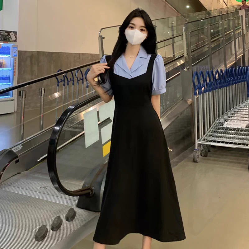 大码女装连衣裙夏季新款时尚收腰显瘦撞色假两件拼接中长款裙子