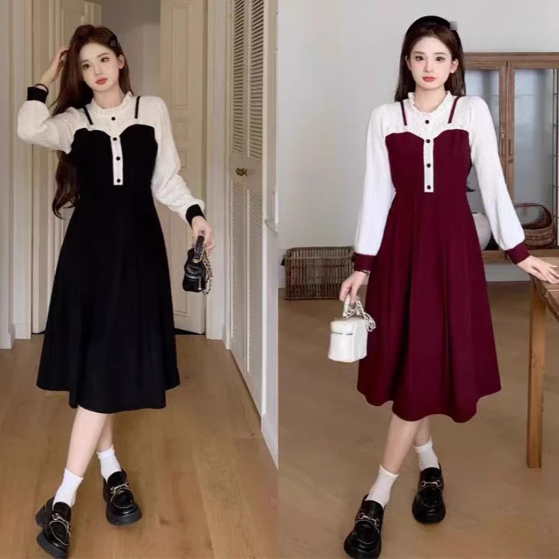 大码连衣裙秋冬新款灯芯绒假两件胖MM收腰显瘦遮肚子中长款裙子