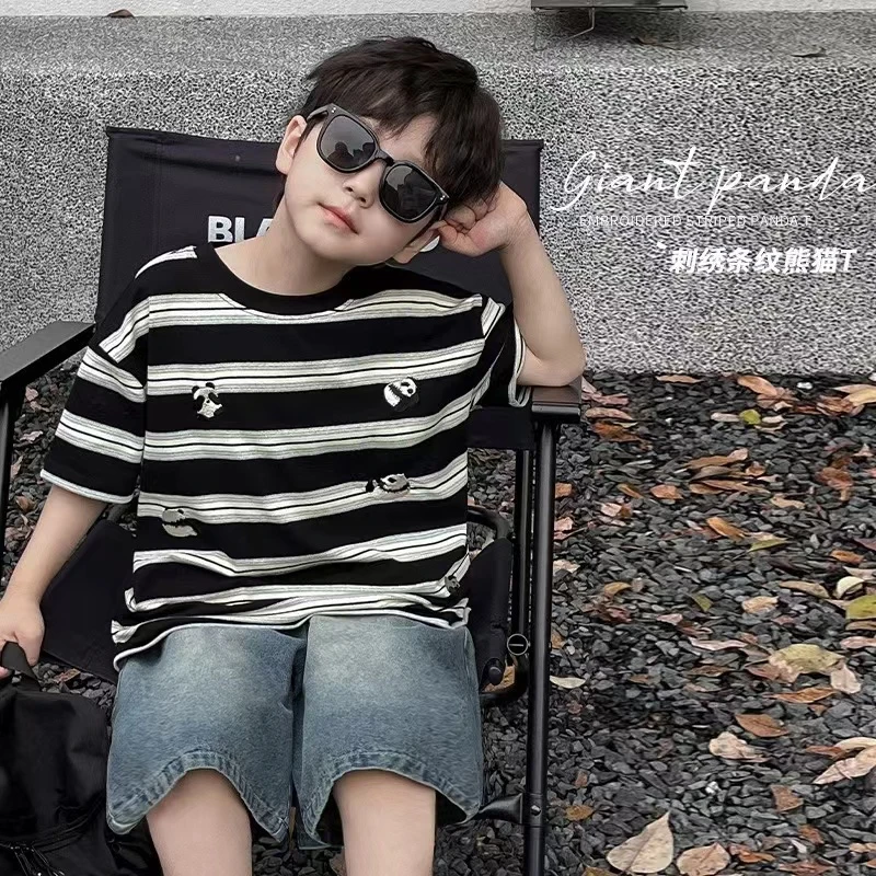 2024童装儿童夏装新品男童T恤可爱刺绣熊猫童女宝短袖上衣