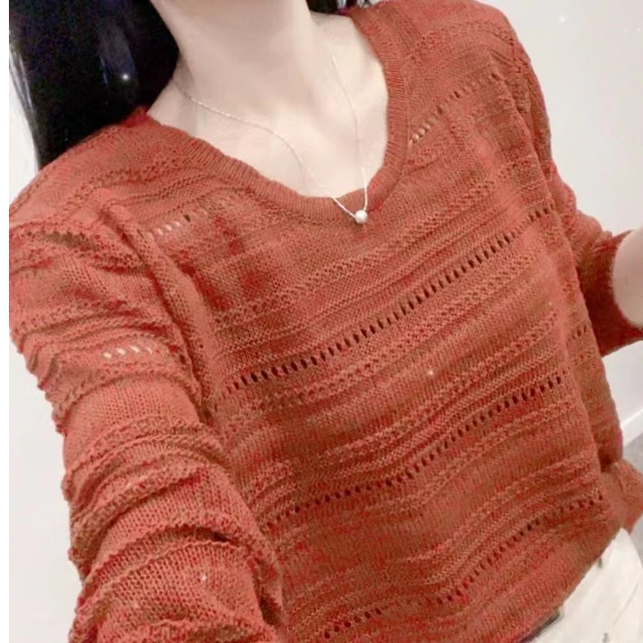 98新款百搭时尚园领镂空纯色长袖针织衫上衣