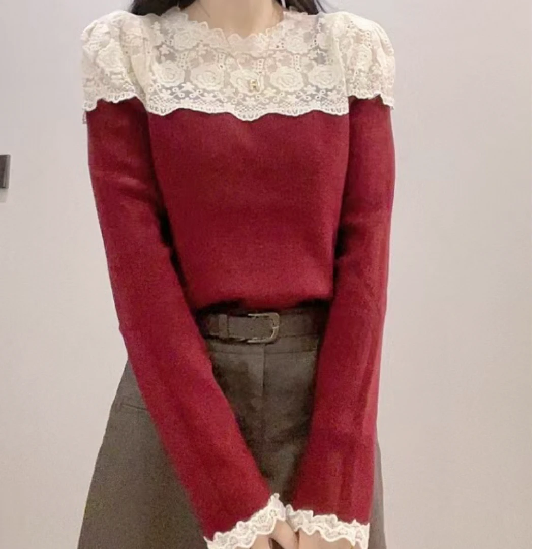 631新款百搭时尚花边玫瑰花针织衫上衣