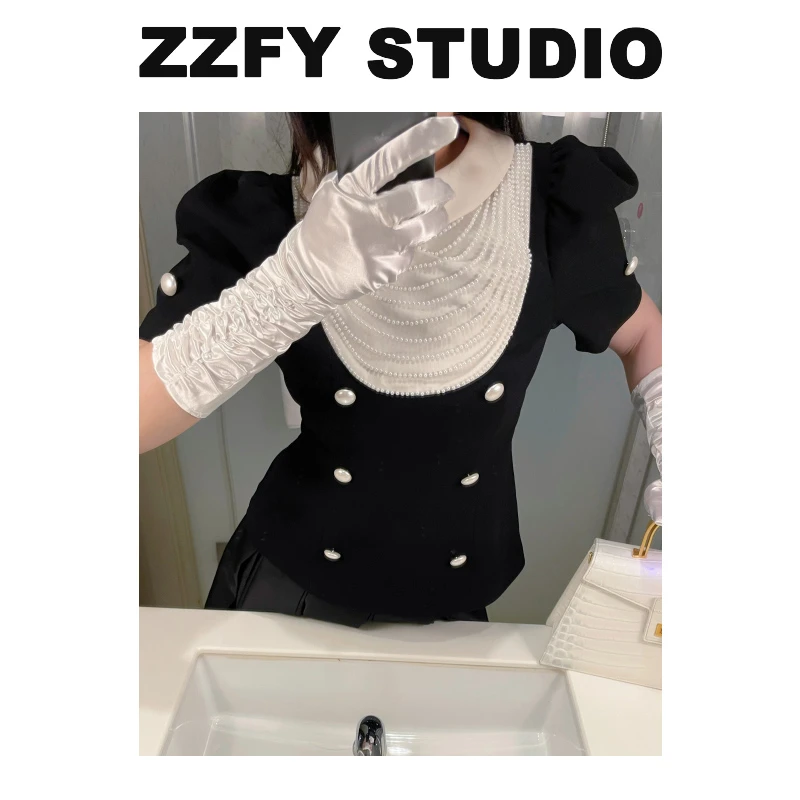 【超总专属】ZZFYSTUDIO珠帘饰双排扣小众短袖上衣24DSY111844B
