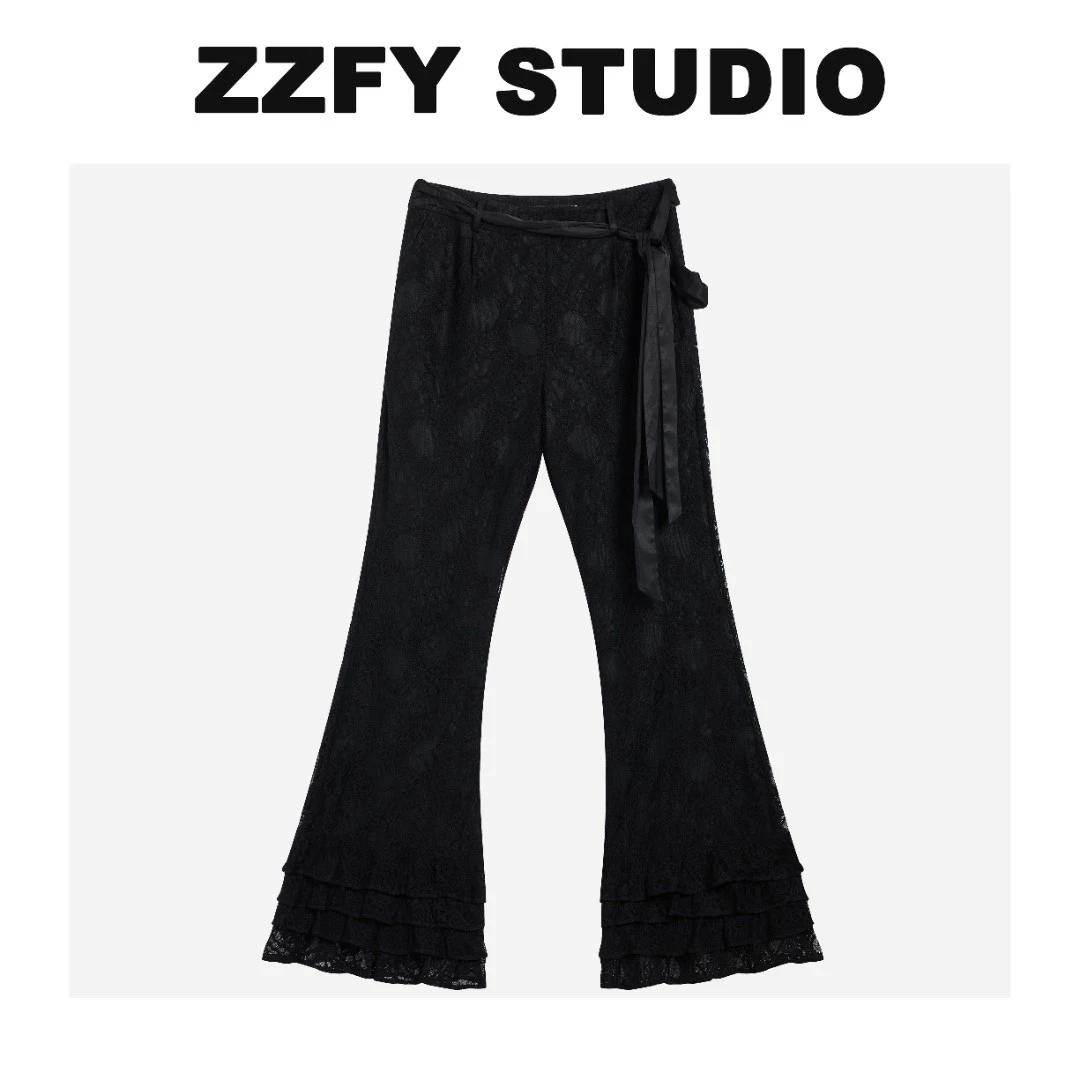 【超总专属】ZZFYSTUDIO 系带蕾丝花边微喇长裤 24CKZ330922B