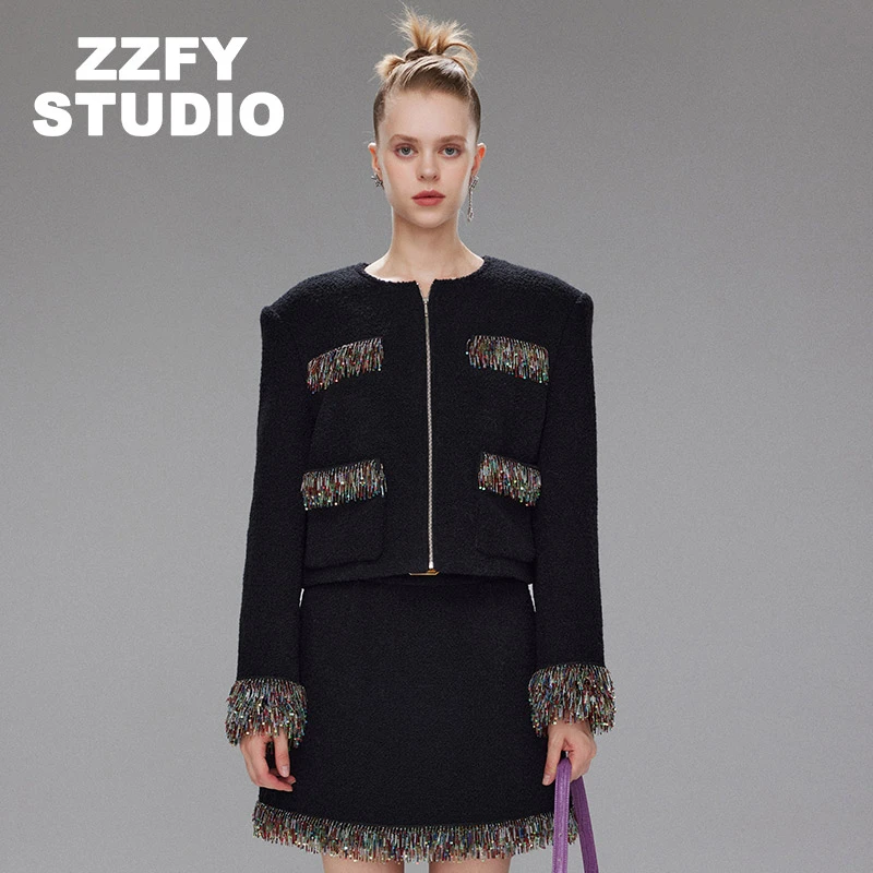 ZZFYSTUDIO黑色重工管珠绣短裙23DBQ343343B秋冬毛呢短款气质