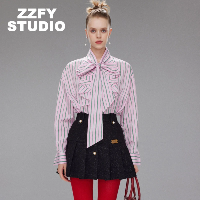 ZZFYSTUDIO粉色蝴蝶结条纹撞色衬衫女款衬衣23CCY411647P
