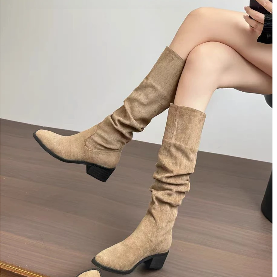 西部内增高显瘦堆堆靴粗跟高筒靴高跟骑士靴粗腿长筒靴大筒围靴子
