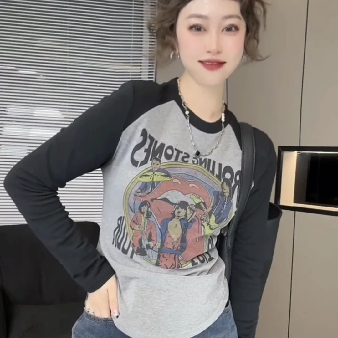 螺纹棉长袖T恤女2025春季新款时尚字母印花大码百搭圆领拼色上衣