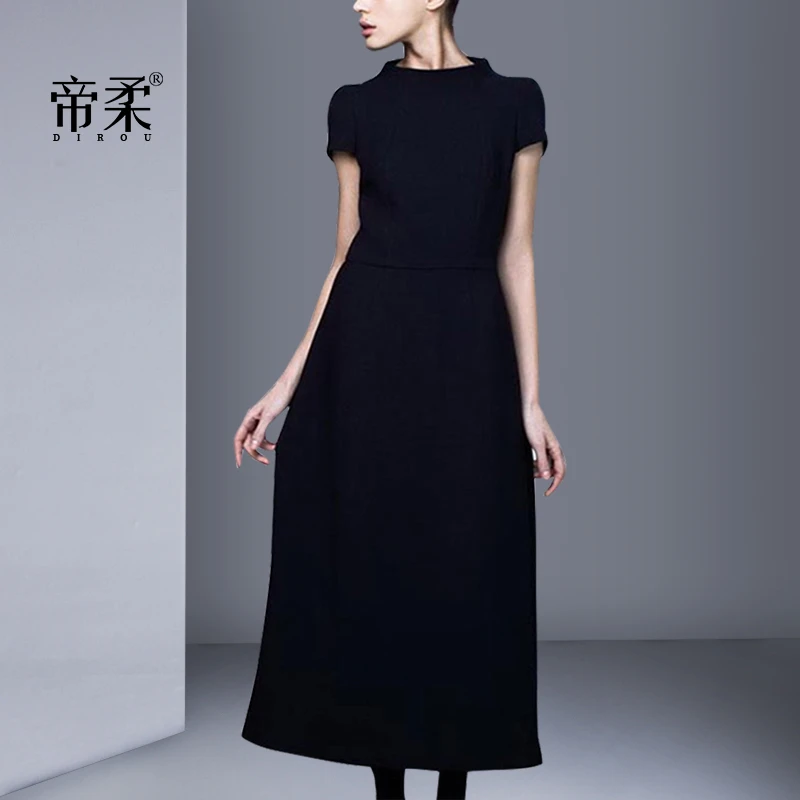 时尚名媛复古小黑裙2025夏新款女中长款气质修身显瘦a字连衣裙