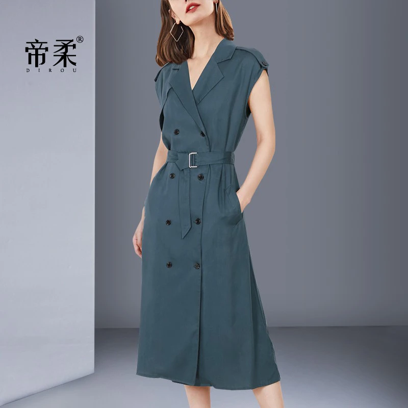 2025年夏季新款高级感西装领双排扣短袖连衣裙通勤知性气质A字裙