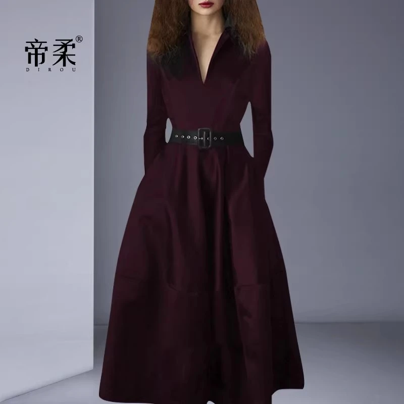 2025秋季轻熟V领时尚修身显瘦长袖连衣裙复古法式正式场合礼服裙