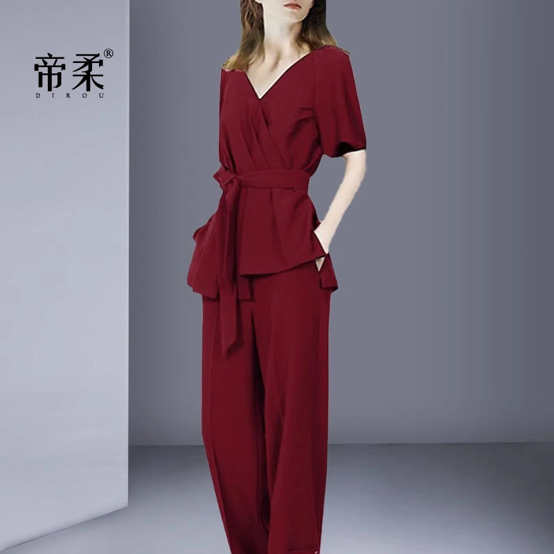 欧美御姐气质V领衬衫显瘦上衣长裤子两件套2025夏季新款休闲套装