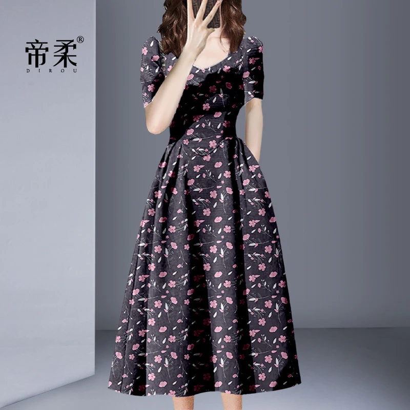 【特惠】夏季复古印花短袖连衣裙法式显瘦高级气质高腰A字中长裙