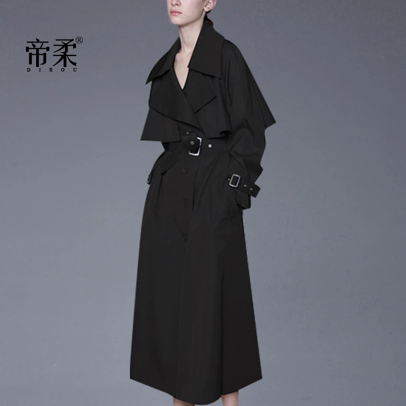 欧洲站时尚收腰流行风衣女中长款2025秋季新款过膝修身黑色外套潮