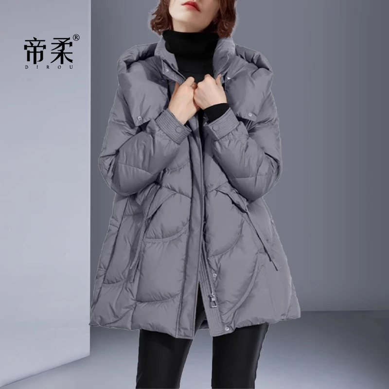 欧美时尚轻便保暖2025冬季新款中长款羽绒服小个子连帽面包服外套