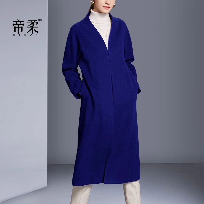 简约显白宝蓝色羊毛呢外套女过膝中长款2025秋冬高级感气质呢大衣