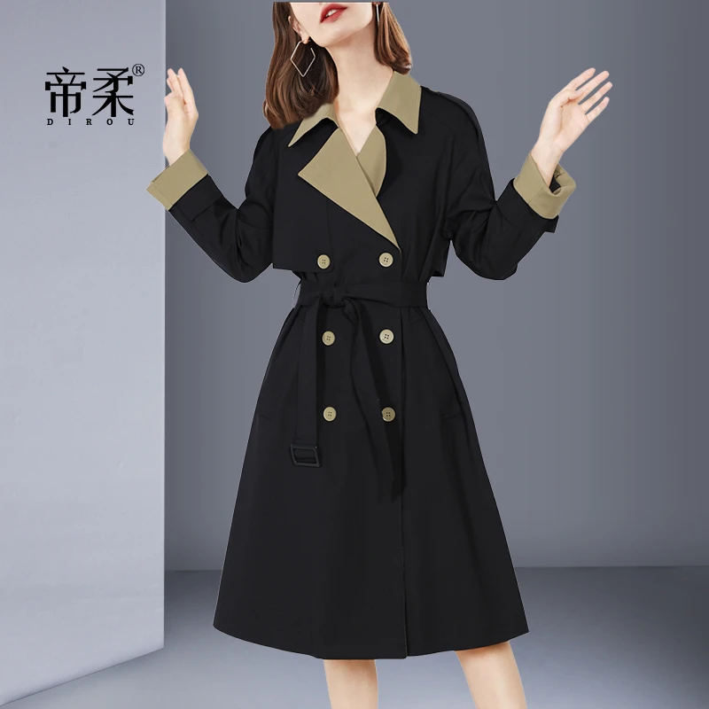 帝柔时尚高端黑色拼色风衣外套女2025春秋新款修身显瘦气质外套潮