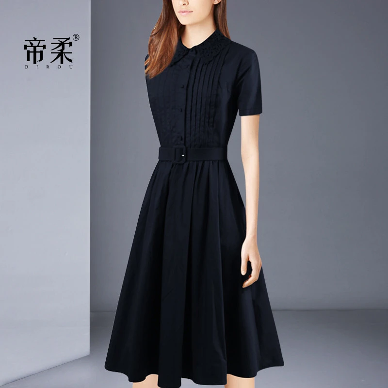 时尚连衣裙夏2025淑女文艺小翻领修身显瘦大码气质衬衣裙子中长款