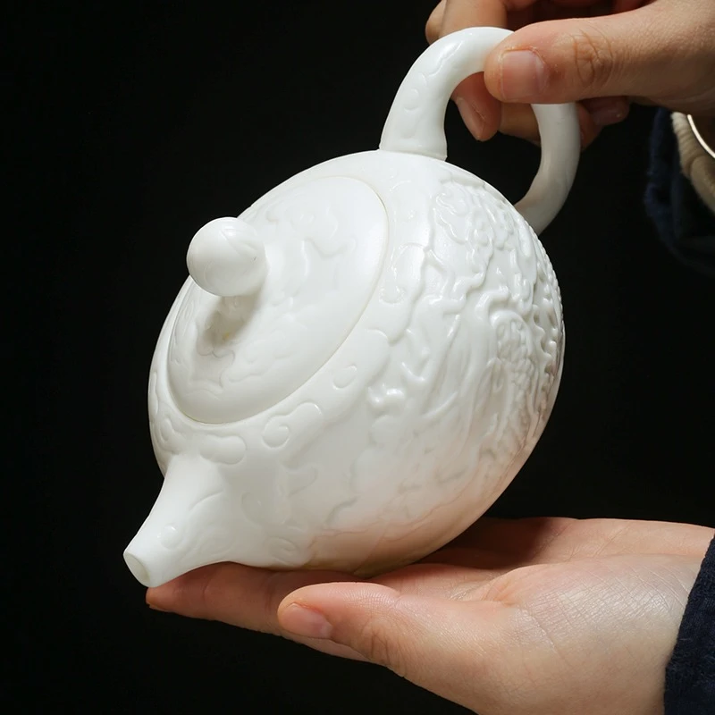 德化羊脂玉白瓷壶素烧浮雕祥龙茶壶新中式陶瓷功夫茶具家用泡茶壶