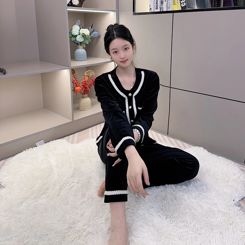 秋冬季金丝绒睡衣女韩版气质长袖长裤家居服套装两件套可外穿