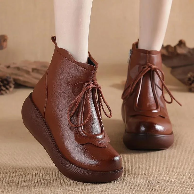 真皮短靴女厚底增高新款秋冬季休闲保暖棉鞋舒适软底短筒百搭女靴