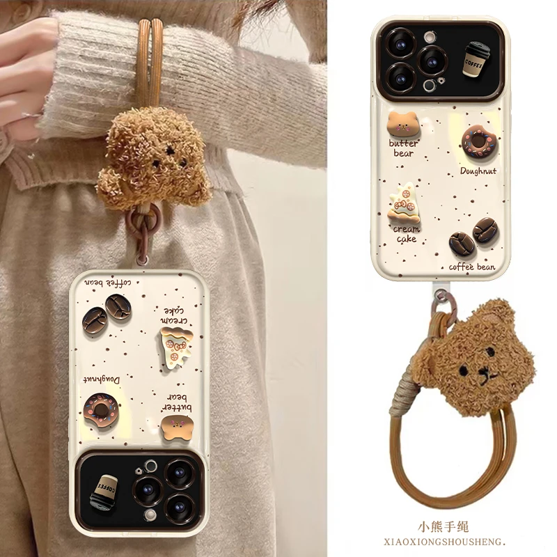 咖啡小熊公仔适用苹果16promax华为vivo小米oppo翻盖镜子手机壳