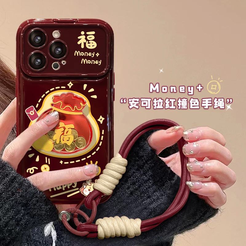 安可拉红金币福袋适用苹果16pro华为vivo小米oppo翻盖镜子手机壳