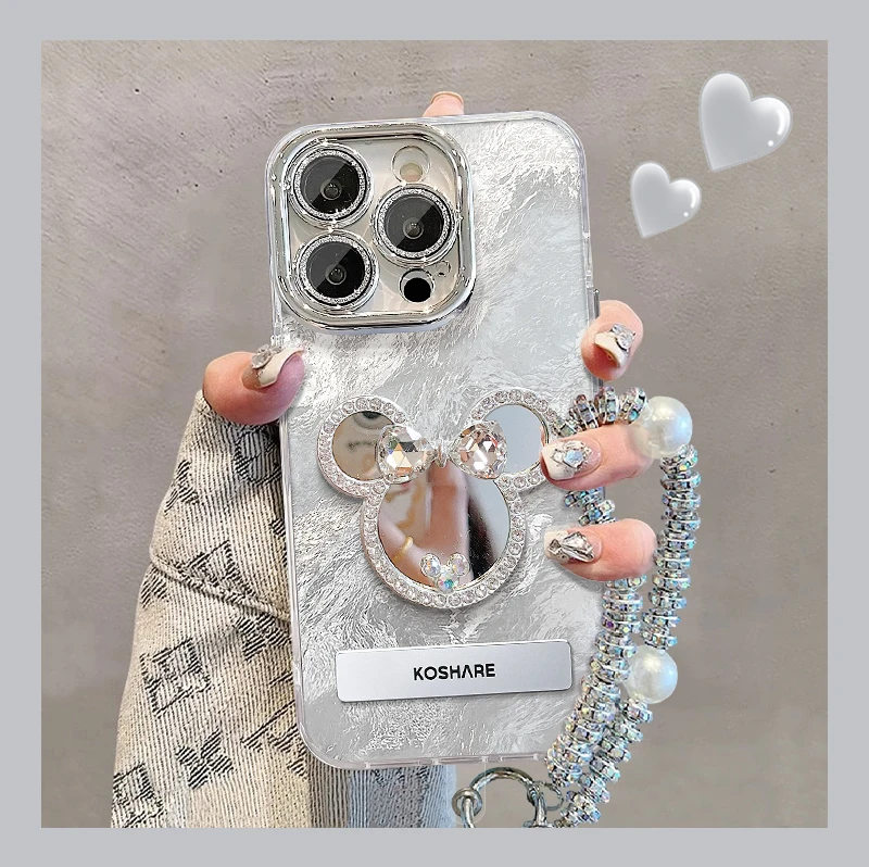 适用苹果16pro华为vivo小米oppo米奇镜子精孔冰川纹支架手机壳