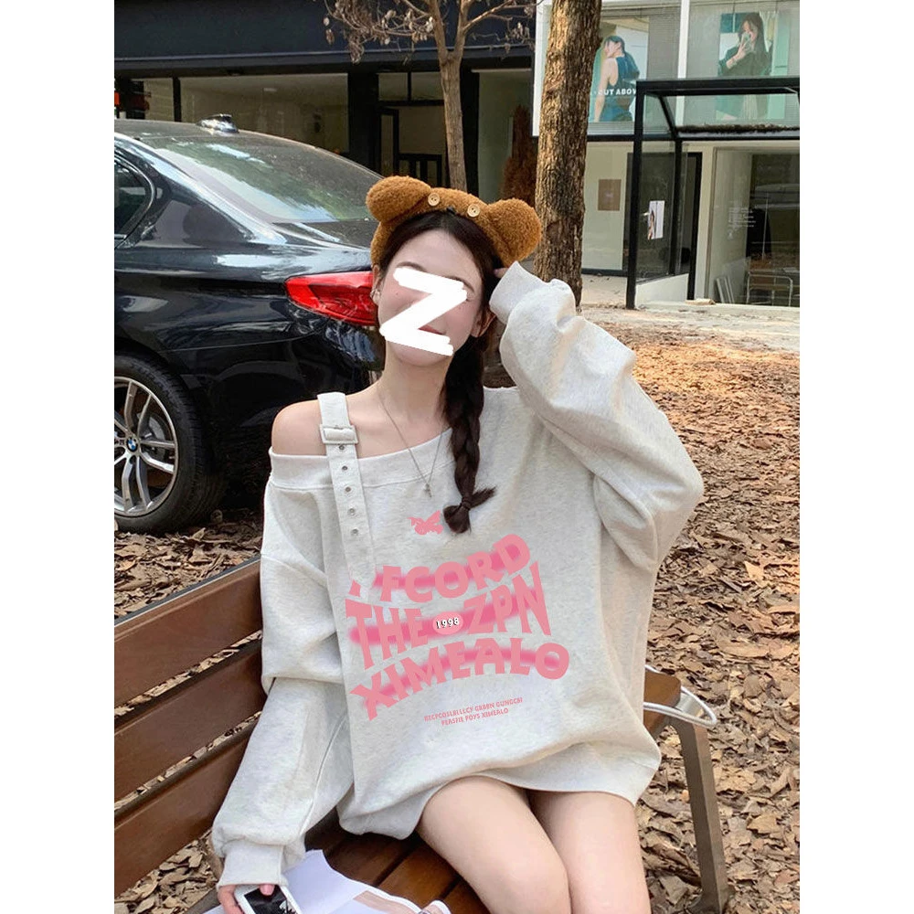 韩版甜美风字母印花露肩卫衣女春秋季薄款高级感纯棉洋气小众设计