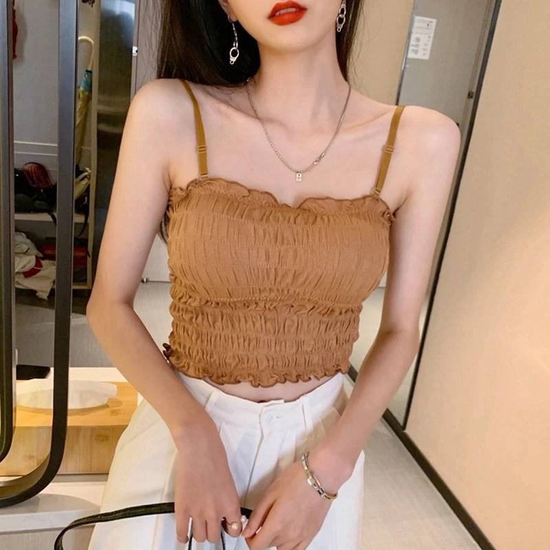 美背蕾丝吊带内衣外穿韩版木耳花边褶皱性感打底带胸垫吊带背心