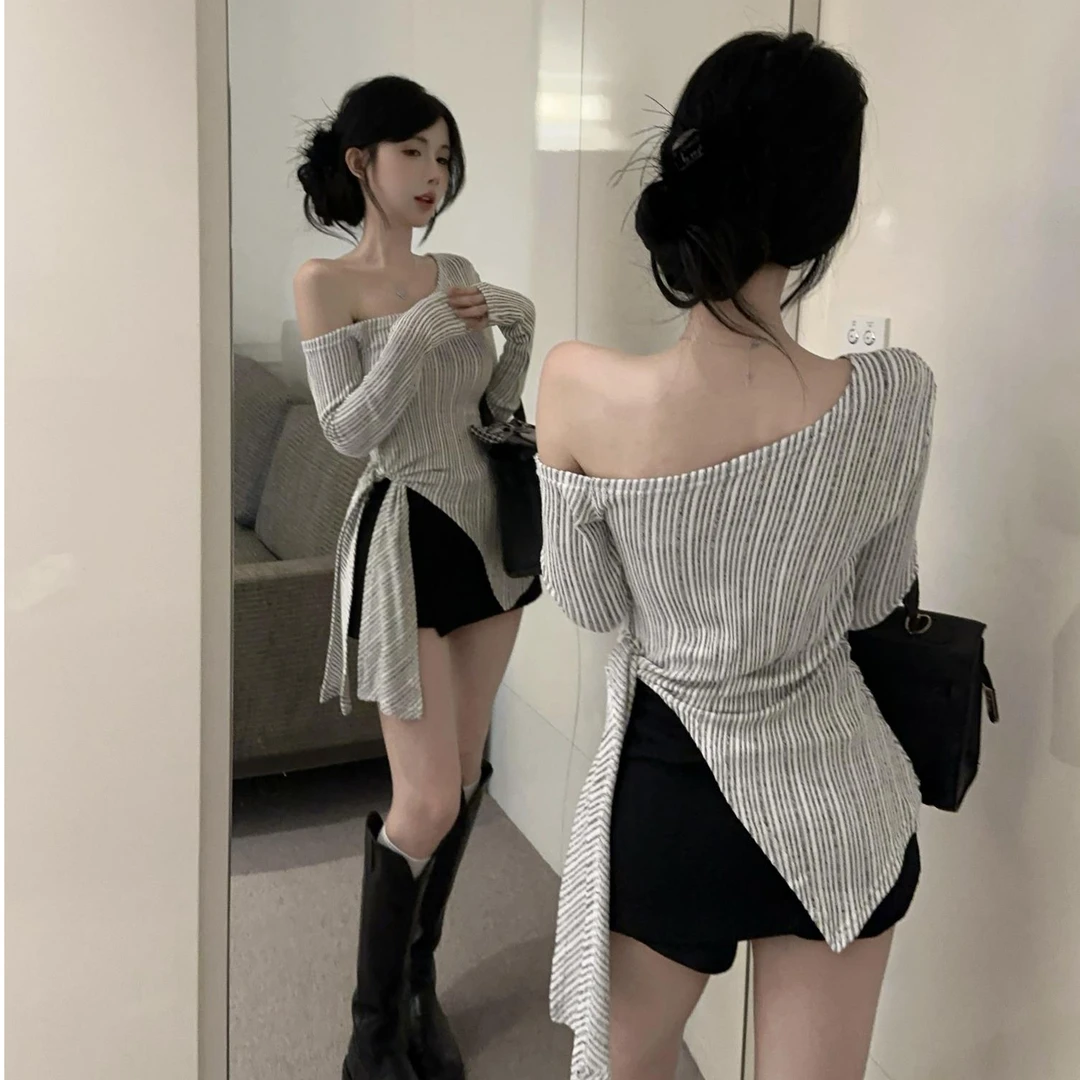 法式不规则设计小众斜领竖纹理长袖女秋季辣妹修身显瘦系带上衣