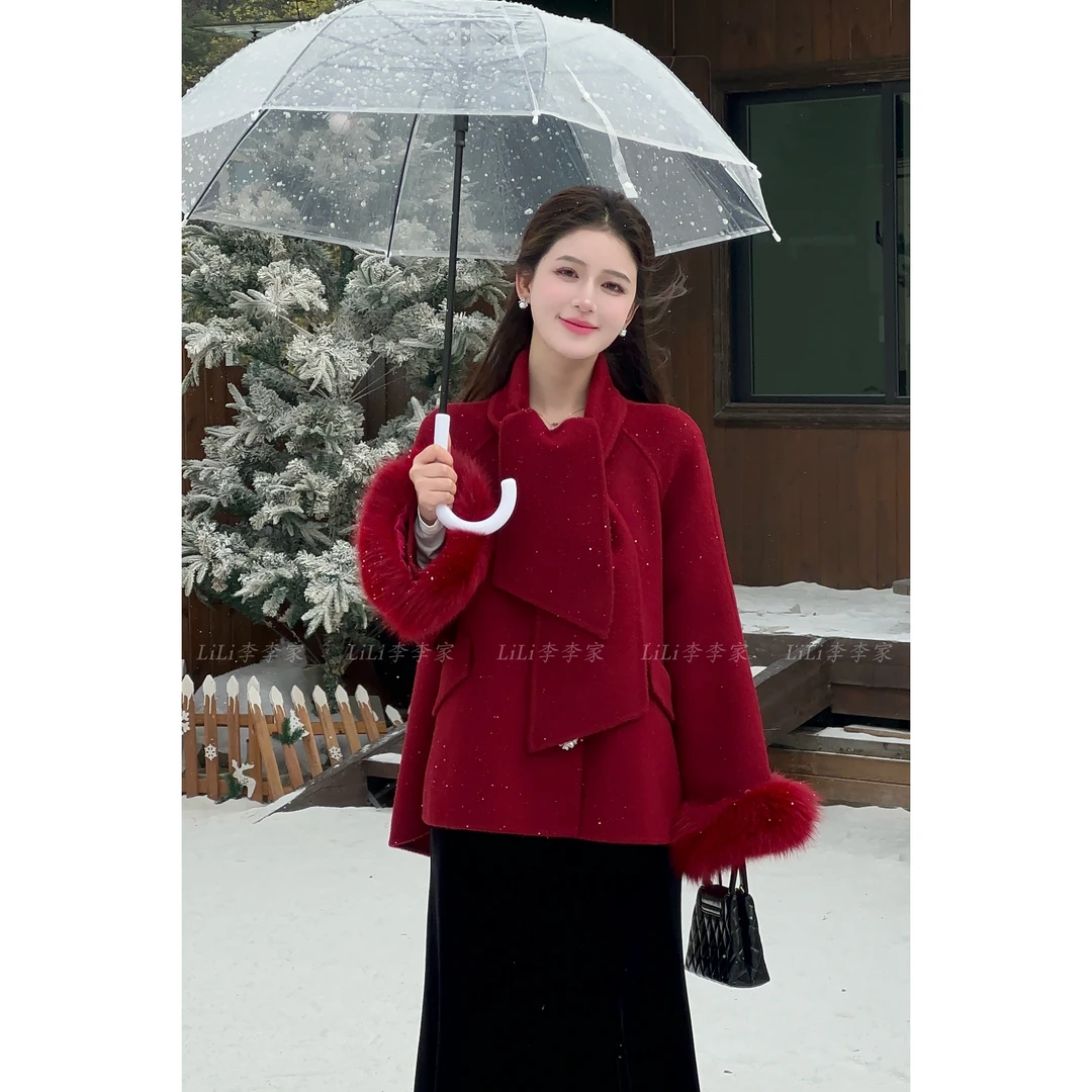 【富贵花】LiLi双面羊毛带毛领设计款大衣 XMZH5583